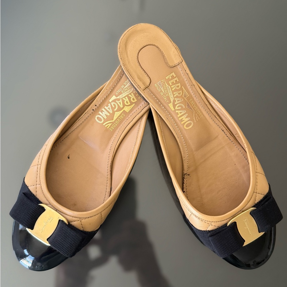 Salvatore Ferragamo Beige and Black Patent Flats